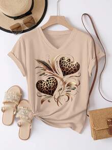 EMERY ROSE Camiseta casual de manga corta con cuello redondo y en V con estampado vintage de leopardo, corazón y plumas para mujer, verano - Albaricoque - Ver 3