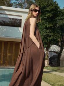 Ontre 女士深咖啡棕色舒适亲肤高品质亚麻竹纤维面料圆领无袖露背褶裥A字连衣裙，带口袋，低调复古风，优雅度假休闲风，时尚都市通勤风，高品质机场时尚，四季皆宜的荷叶边棕色连衣裙，度假装扮，女士沙滩装，四季皆宜的明星同款超大喇叭裙摆飘逸浪漫舒适的棕色连衣裙，无袖长款连衣裙，度假装，女士夏季连衣裙 - 咖啡棕 - 查看 7