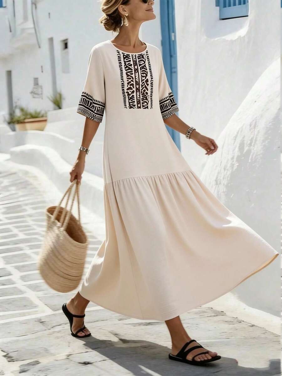 SHEIN Holidaya Đầm nữ họa tiết hình học cổ tròn xếp nếp dáng thường ngày - Màu be - Xem 1