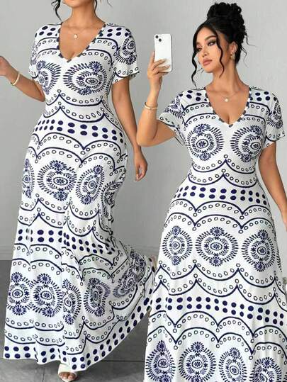 Elenzga Vestido de manga corta con cuello en V y estampado retro para mujer de talla grande, primavera/verano