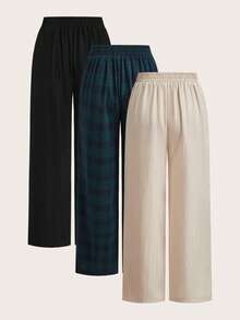 SHEIN Essnce 3件套女士休闲宽松长裤，复古格子图案，抽绳腰带，适合度假、居家、海滩、工作等场合，百搭时尚 - 彩色 - 查看 2