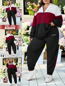 SHEIN CURVE+ 两件套加大码运动休闲撞色标语印花卫衣外套+运动裤套装，秋冬款 - 彩色 - 查看 4