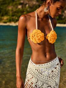 Swim Vcay Women's Summer Vacation Faux Pearl Decor Crochet Floral Halter Cover-Up - Yellow - View 4