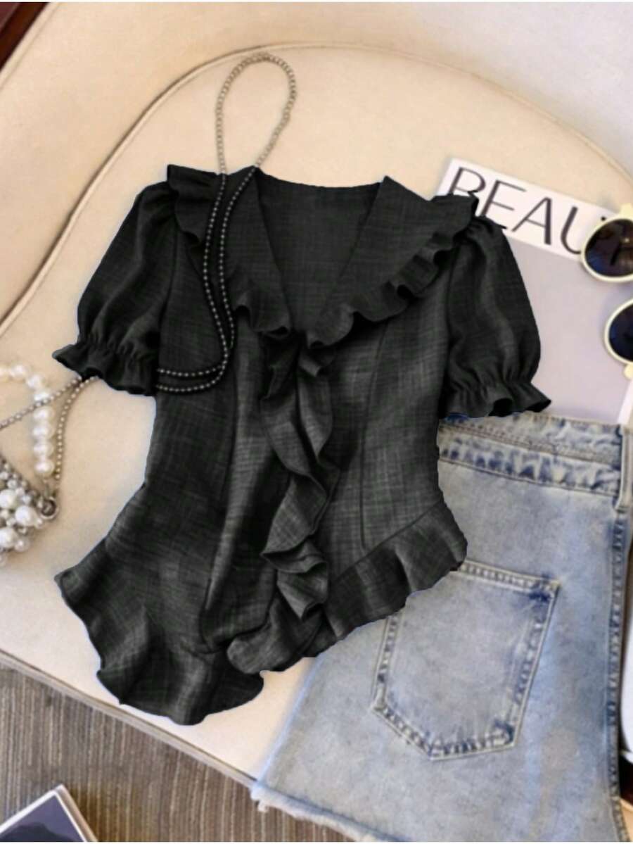 Qadelle Women's Blue Denim Effect Ruffle Trim Short Sleeve Blouse - Black - View 1