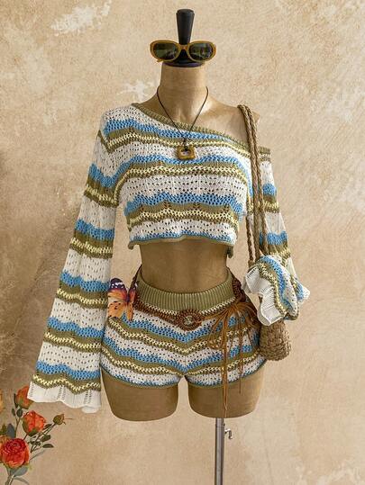 Soleia Women's Color Block Long Sleeve Sweater And Knit Shorts 2 Pieces Casual Set