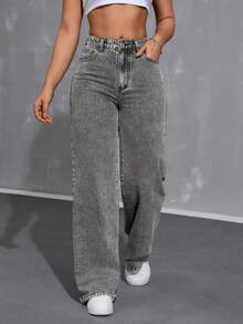 SHEIN Unity Casual Washed High Waist Straight Leg Jeans - Light Grey - View 3
