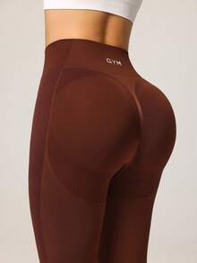 Seamluxe SHEIN Sport 纯色高腰紧身瑜伽裤 - 棕色 - 查看 4