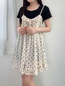 FRIFUL Women's Polka Dot Print Patchwork Ruffle Hem Front Tie Casual Slip Camisole Summer - Apricot - View 7