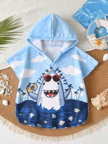 SHEIN 可爱卡通图案宽松连帽法兰绒泳衣罩衫，适合海滩、温泉度假村、游泳，男女宝宝均可穿着 - 彩色 - 查看 3