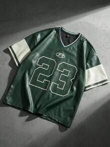 ROMWE MEN Camiseta de manga corta holgada de cuero sintético para hombre, estilo callejero retro - Verde militar - Ver 1