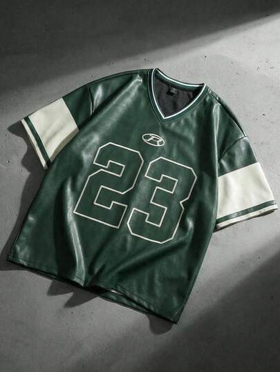 ROMWE MEN Camiseta de manga corta holgada de cuero sintético para hombre, estilo callejero retro