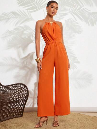 Amorya Damen eleganter orangefarbener Jumpsuit mit Holzperlenknopf-Dekor, strukturiertem gestreiftem Stoff und Überschneidung mit Bindegürtel, gerade Beine, geeignet für Urlaub, Pendeln, Dates, Ausflüge, Mehrzweck-Tragen
