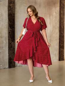 Roveilla Vestido cruzado con volantes asimétricos y cuello cruzado para mujer de talla grande en rojo, vestido de lunares rojos, vestido de lunares, vestidos de lunares para mujer, vestido cruzado de mujer, vestidos retro para mujer, vestido rojo midi, vestido midi de lunares, vestido rojo, vestidos de lunares para mujer, vestido de Brigerton, vestido vintage de lunares, vestido vintage para mujer, vestidos casuales, vestidos de lunares para mujer - Rojo - Ver 6