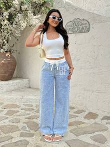 Rivivi Casual Elastic Waist Drawstring Straight Leg Jeans - Light Wash - View 7