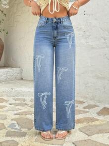 Rivivi Fashionable Bow Print Washed Straight Leg Jeans - Medium Wash - View 1