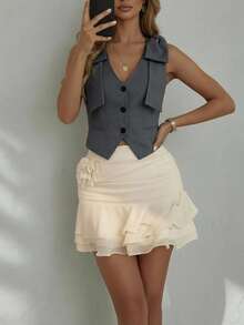 Glamine Bow Decor Sleeveless Women Vest - Grey - View 5