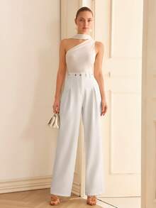 CLARA VERO Pantalones acampanados de cintura alta con pliegues, ajuste regular, perfectos para la oficina, salidas urbanas o eventos casuales elegantes, hechos de tela tejida ligera 100% poliéster sin elástico - Blanco - Ver 7