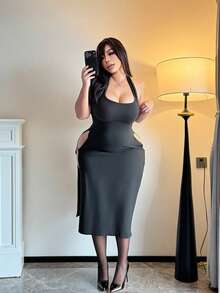 Vibekara 性感夏季露背吊带高开衩连衣裙 - 黑色 - 查看 7