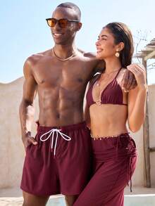 Manfinity VDAYZ 1件男士休闲纯色抽绳腰斜插口袋宽松沙滩短裤，夏季 - 酒紅色 - 查看 3