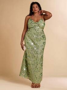 SHEIN BAE Plus Size Women Green Beaded Halter Maxi Dress, Vacation - Green - View 3