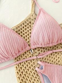 Bộ bikini tam giác hai mảnh hở lưng dáng roi, màu xanh dương trơn, chất liệu dệt kim, họa tiết vỏ sò, dành cho thiếu nữ, thích hợp mặc đi biển mùa hè. - Hồng - Xem 6