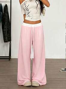 Muchica Women's Drawstring Waist Casual Versatile Daily Wear Wide Leg Pants - Pink - View 1