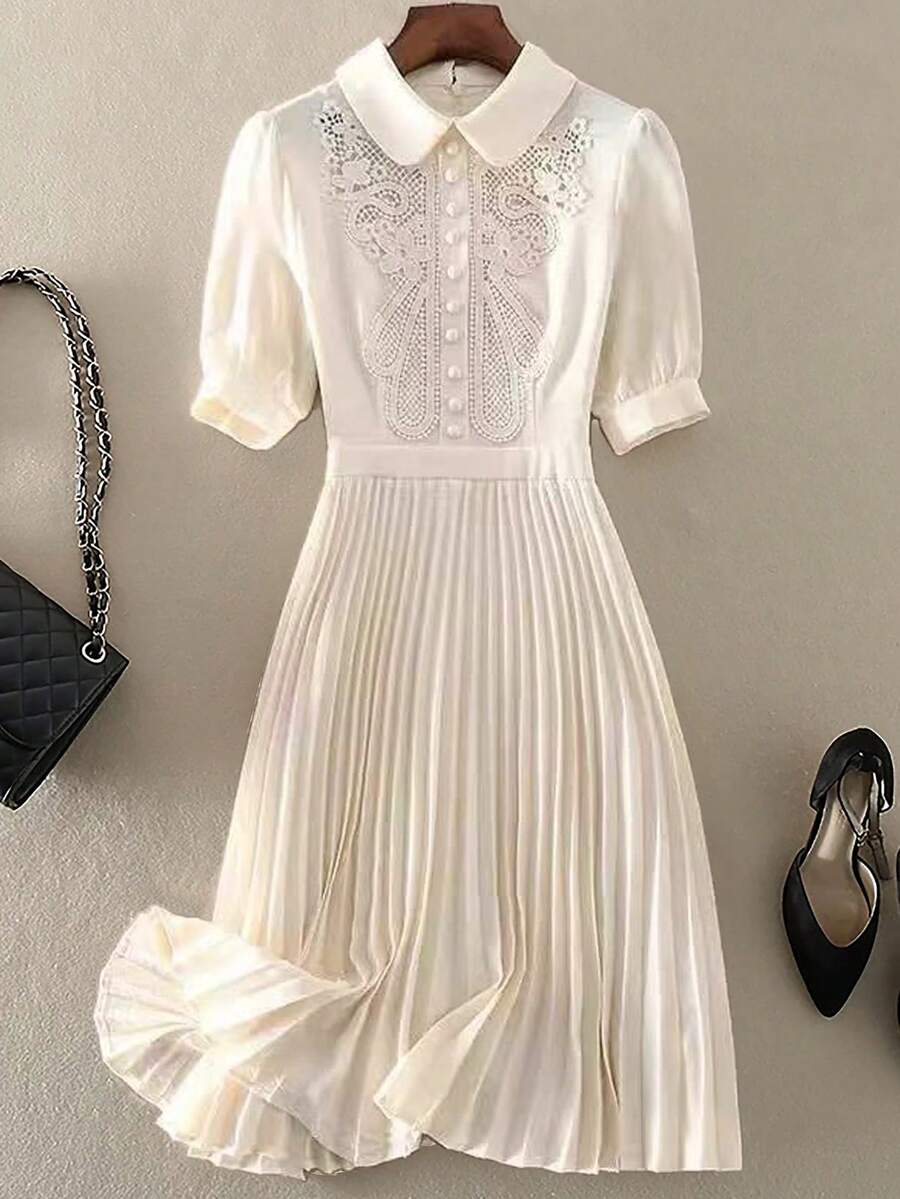 GlowEve CURVE 大码女式撞色蕾丝短袖褶裥下摆优雅连衣裙 复古女装 女士优雅套装 女士礼服 正式礼服 法式风格连衣裙 女士连衣裙 优雅经典 - 杏色 - 查看 1