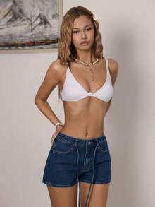 Sunnyshic 休闲水洗牛仔短裤，配腰带，夏季 - 藍色 - 查看 3