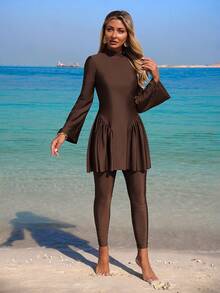 SHEIN Swim Mulvari Women's Spring/Summer New Modest Solid Color Burkini Set, Slimming Waist Drawstring Long Sleeve Top And Long Pants, Casual Middle East Resort Wear - Brown - View 4