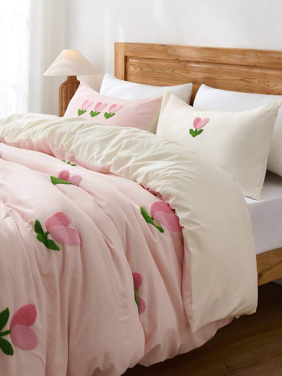 Juego de edredón bordado con tulipanes 100% poliéster de 3 piezas, que incluye 1 funda de edredón y 2 fundas de almohada (sin relleno) - Rosa Pálido - Ver 1