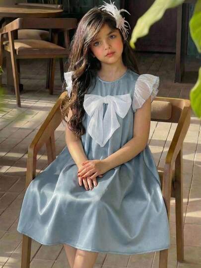 Pitira Tween Girl Solid Color Cute Sweet Patchwork Contrast Bowknot Flutter Sleeve A-Line Dress, Round Neck Flutter Sleeve Dress