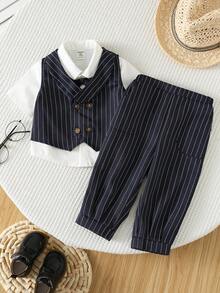 SHEIN 2件套男婴优雅海军蓝条纹绅士套装，包含背心外套和裤子，适合复活节、婚礼、洗礼、一周岁生日庆祝、迎婴派对、花童、戒指童等场合。 - 藏蓝色 - 查看 1