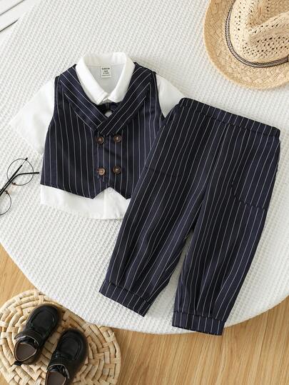 SHEIN 2件套男婴优雅海军蓝条纹绅士套装，包含背心外套和裤子，适合复活节、婚礼、洗礼、一周岁生日庆祝、迎婴派对、花童、戒指童等场合。