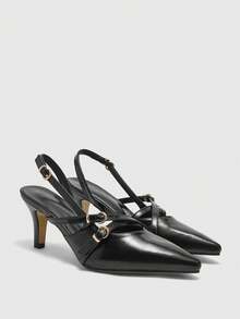 CUCCOO BIZCHIC Women's Pointed Toe Buckle Design Elegant Fashion High Heel Pumps - Shining Night Black - View 2