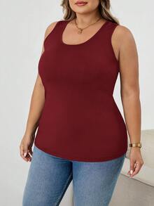 SHEIN CURVE+ Áo tank top mùa hè cỡ lớn, màu trơn, đơn giản, ôm sát, khoét lỗ, trang phục gợi cảm, áo top đi chơi mùa thu cho nữ, CURVE PLUS - Nhiều màu - Xem 8