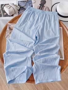 Lyxana Women's Solid Color Casual Bow Embroidered Straight Leg Pants - Blue - View 2
