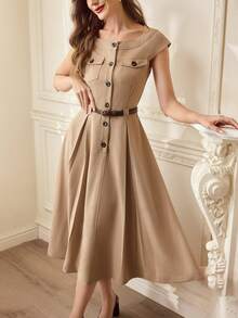 Vintamour Vintage klassisch elegantes Damenkleid, Frühling/Sommer tailliertes Raglanärmel Kleid, Jumpsuit Kleid mit Tasche, Knopfkleid, Khakikleid - Khaki - Übersicht 7