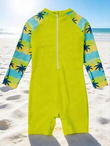 SHEIN Young Boy Palm Tree Letter Print Raglan Sleeve Swimsuit Set - Multicolor - View 3