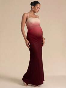 MaterniChic Vestido de tirantes ajustado con bajo de cola de pez degradado para maternidad - Rosa - Ver 2