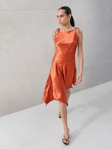 KSTM 女士不对称缎面中长连衣裙，系带肩带，手帕式下摆，适合晚宴等场合 - 橘色 - 查看 1