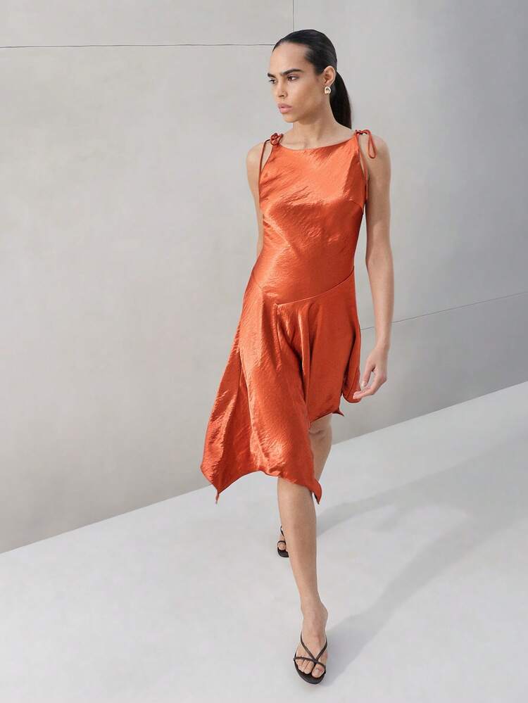 KSTM Women's Asymmetric Satin Midi Dress With Tie Shoulder Straps And Handkerchief Hem For Evening Party Occasions