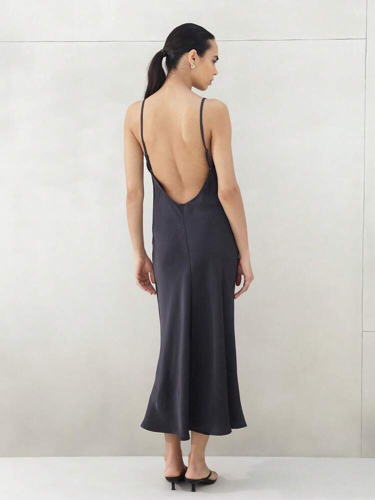 KSTM Satin Slip Dress With Lace Trim V-Neck Sleeveless Midi Length Evening Cocktail Dress Open Back Design