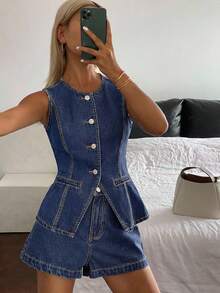 SHEIN 夏季新款商务休闲牛仔套装 - 深色水洗藍 - 查看 2