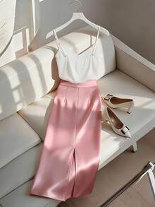 Franclia 2026 New Elegant Women's 2-Piece Set, V-Neck Camisole And Satin Skirt, Minimalist Chic Commuting Casual Style, A-Line High Waist Design, Suitable For Vacation - Multicolor - View 2