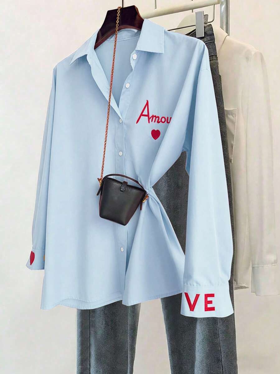 SHEIN Franclia 经典条纹长袖衬衫，精致刺绣图案，宽松舒适版型 - 藍色 - 查看 1