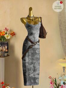 SHEIN EZwear 休闲简约街头风全印花浅色扎染图案修身吊带长裙，适合夏季穿着 - 彩色 - 查看 9