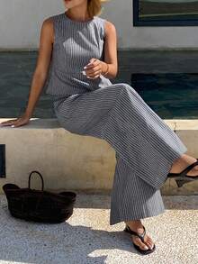 DAZY Conjunto casual de 2 piezas de top sin mangas con volantes en el bajo y pantalones de pierna ancha a rayas para mujer - Gris - Ver 5