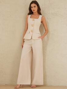 Aveloria Rosie 新款优雅杏色方领金属纽扣无袖马甲阔腿裤套装，成熟职场装，女士套装 - 杏色 - 查看 6