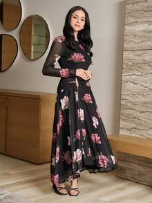 Modelyn Đầm nữ thanh lịch cổ tròn tay dài in hoa, eo nhún - Nhiều màu - Xem 7