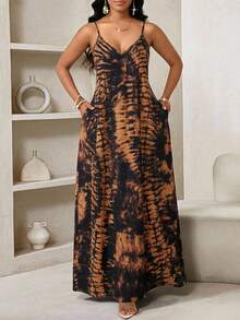 SHEIN Lady 女士扎染印花口袋休闲连衣裙，适合度假 - 彩色 - 查看 4